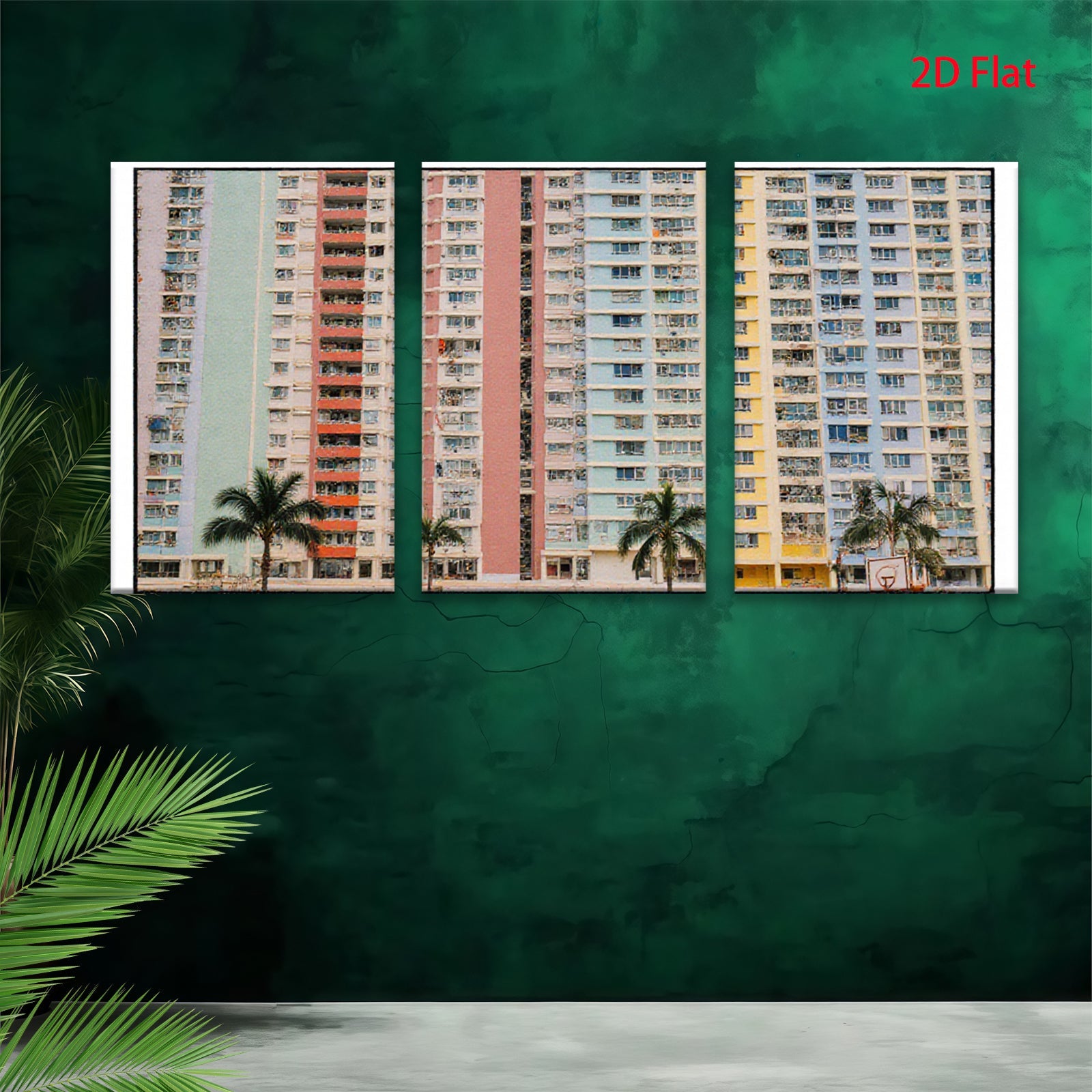2D flat 1pc Colorful Hong Kong Apartment Buildings Modern Wall Art Living Room Bedroom Decor Coastal Aesthetic Gallery Wrapped Canvas Print Farmhouse Style