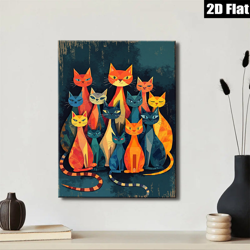 2D flat 1pc Colorful geometric cats wall art modern farmhouse living room bedroom decor gallery wrapped canvas prints cozy home accents