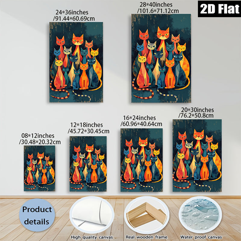 2D flat 1pc Colorful geometric cats wall art modern farmhouse living room bedroom decor gallery wrapped canvas prints cozy home accents