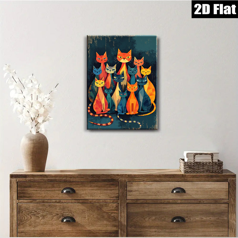 2D flat 1pc Colorful geometric cats wall art modern farmhouse living room bedroom decor gallery wrapped canvas prints cozy home accents