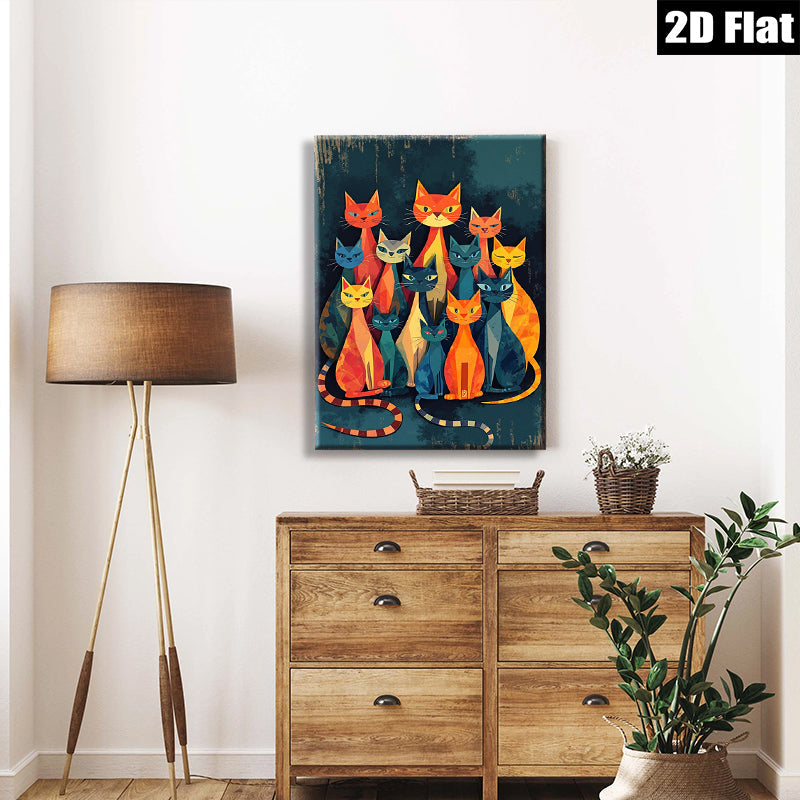 2D flat 1pc Colorful geometric cats wall art modern farmhouse living room bedroom decor gallery wrapped canvas prints cozy home accents
