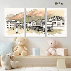 2D flat 1pc Construction truck near city buildings modern farmhouse wall art living room bedroom decor gallery wrapped canvas prints inspirational home accents
