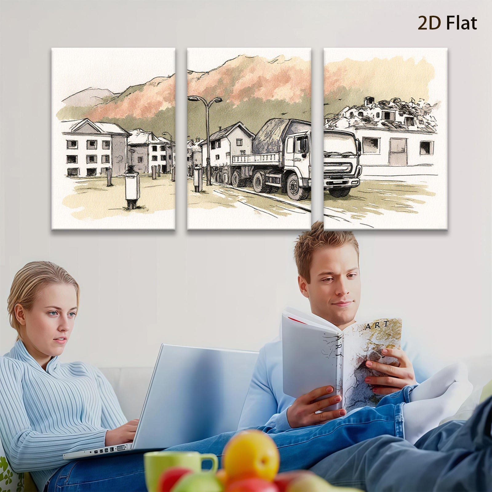 2D flat 1pc Construction truck near city buildings modern farmhouse wall art living room bedroom decor gallery wrapped canvas prints inspirational home accents