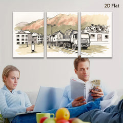 2D flat 1pc Construction truck near city buildings modern farmhouse wall art living room bedroom decor gallery wrapped canvas prints inspirational home accents