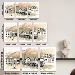 2D flat 1pc Construction truck near city buildings modern farmhouse wall art living room bedroom decor gallery wrapped canvas prints inspirational home accents