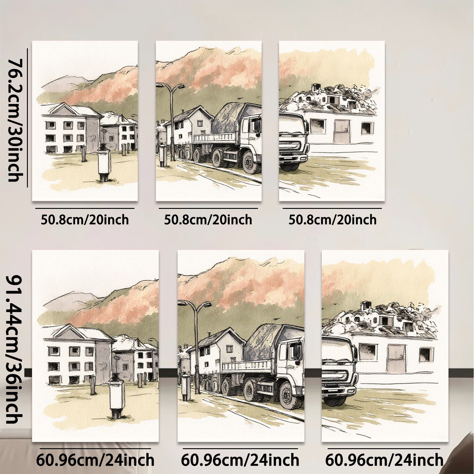 2D flat 1pc Construction truck near city buildings modern farmhouse wall art living room bedroom decor gallery wrapped canvas prints inspirational home accents