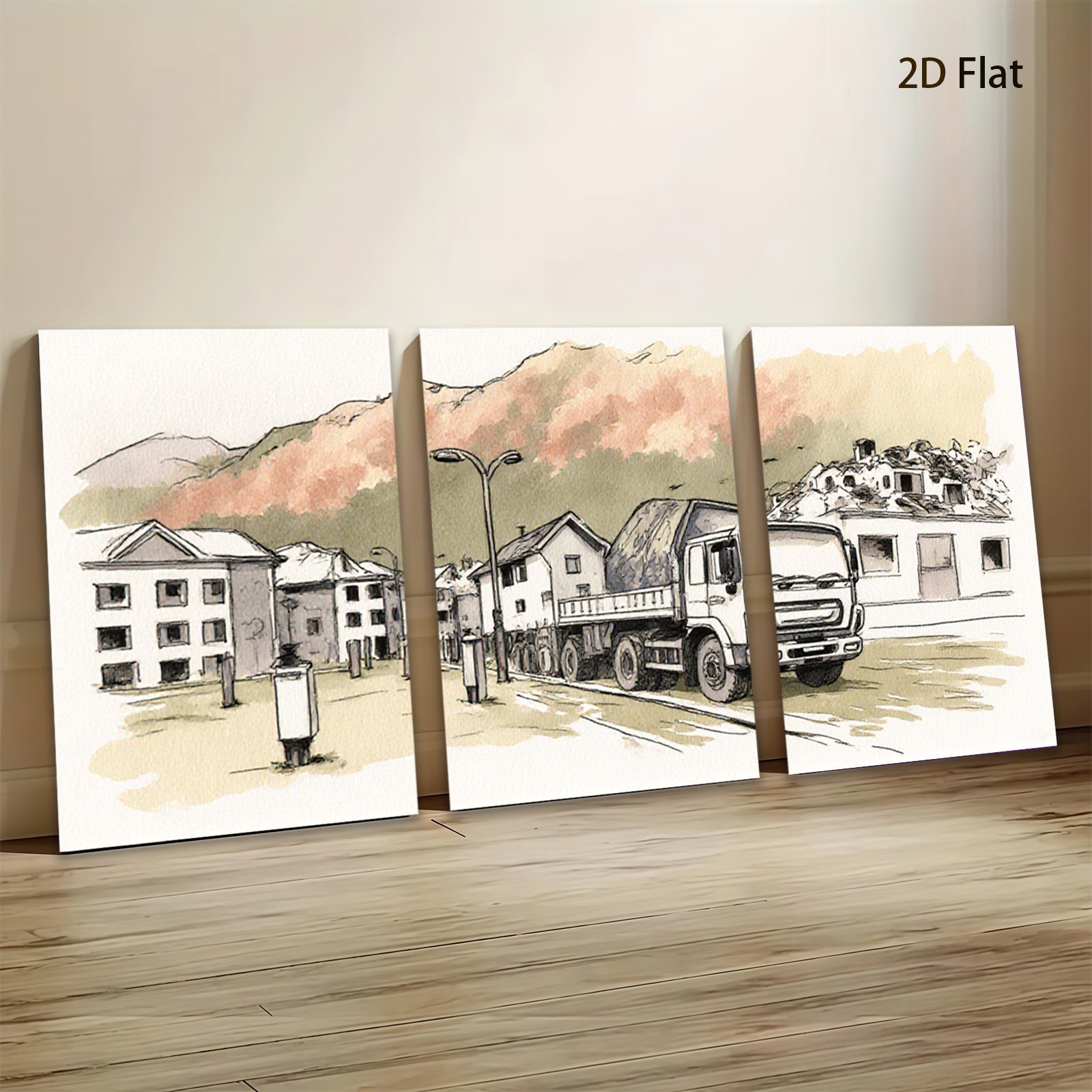 2D flat 1pc Construction truck near city buildings modern farmhouse wall art living room bedroom decor gallery wrapped canvas prints inspirational home accents