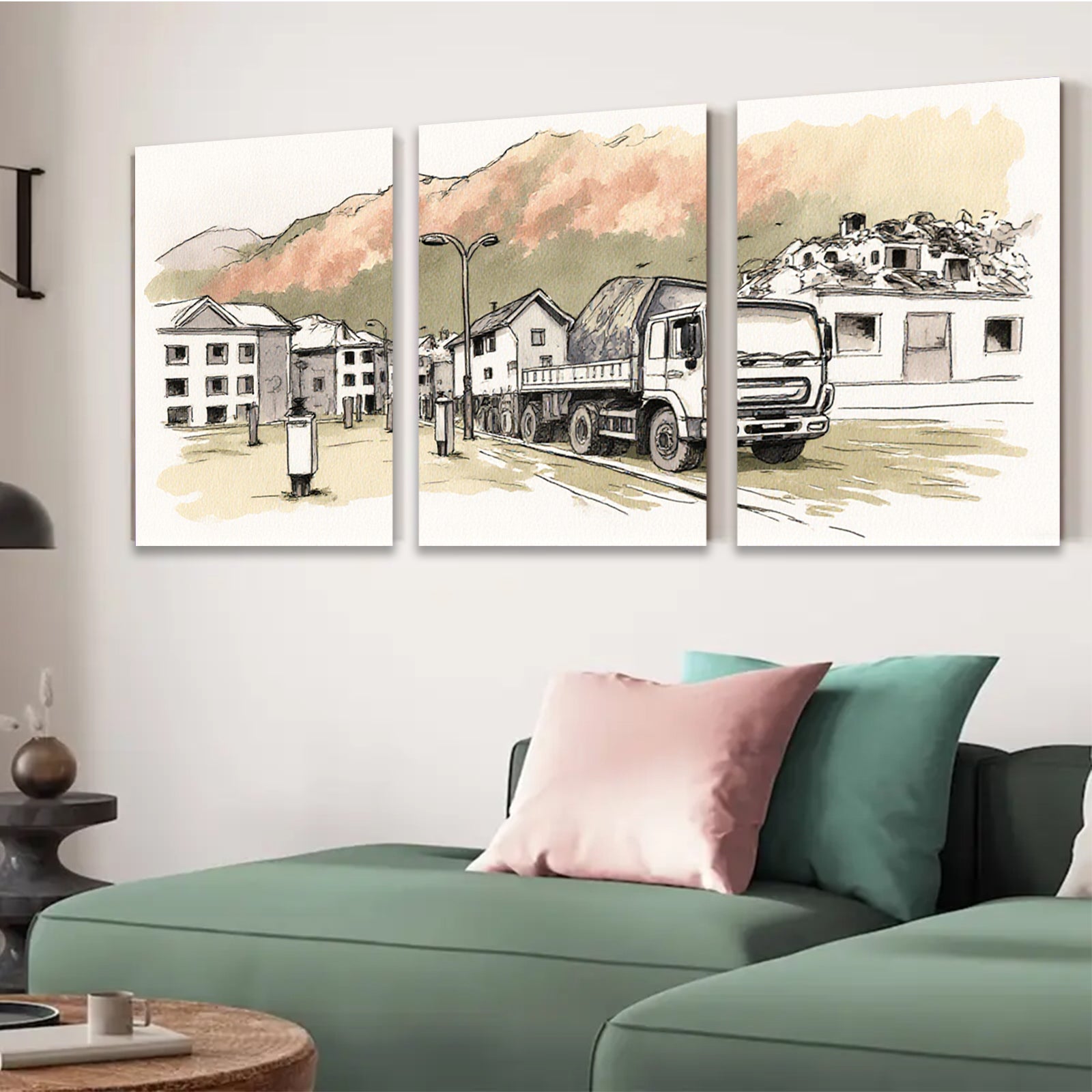2D flat 1pc Construction truck near city buildings modern farmhouse wall art living room bedroom decor gallery wrapped canvas prints inspirational home accents