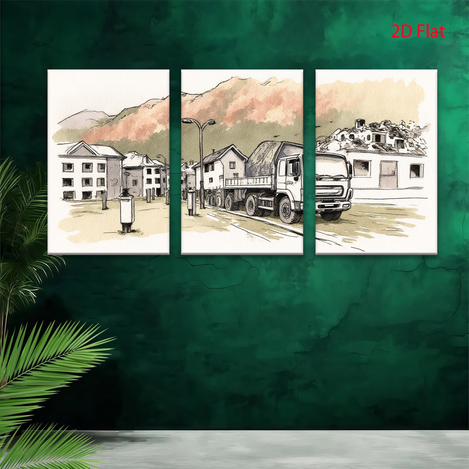 2D flat 1pc Construction truck near city buildings modern farmhouse wall art living room bedroom decor gallery wrapped canvas prints inspirational home accents