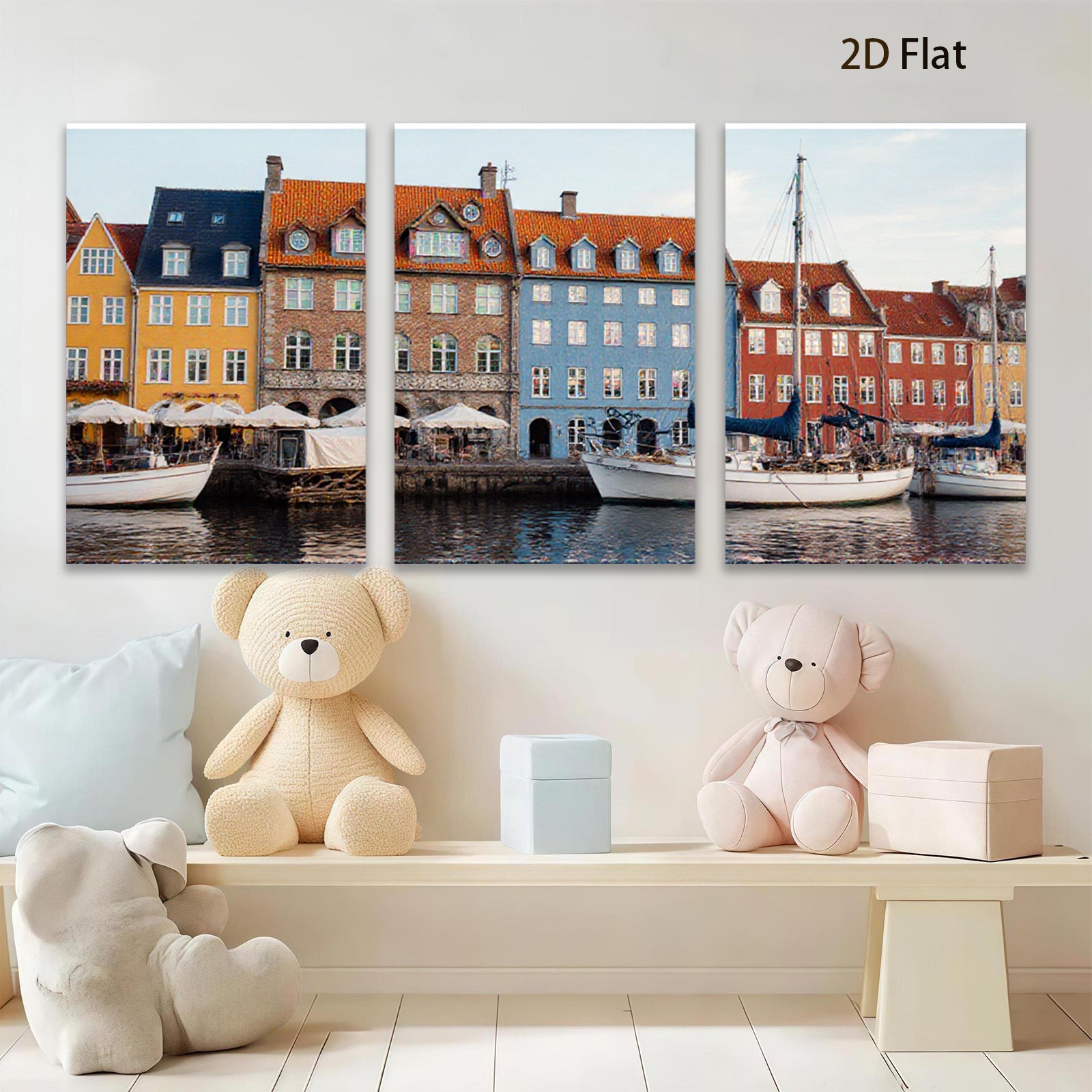 2D flat 1pc Copenhagen Harbor Waterfront Scene Coastal Cityscape Wall Decor Living Room Bedroom Office Modern Farmhouse Rustic Chic Gallery Wrapped Canvas Print