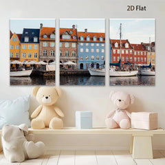 2D flat 1pc Copenhagen Harbor Waterfront Scene Coastal Cityscape Wall Decor Living Room Bedroom Office Modern Farmhouse Rustic Chic Gallery Wrapped Canvas Print