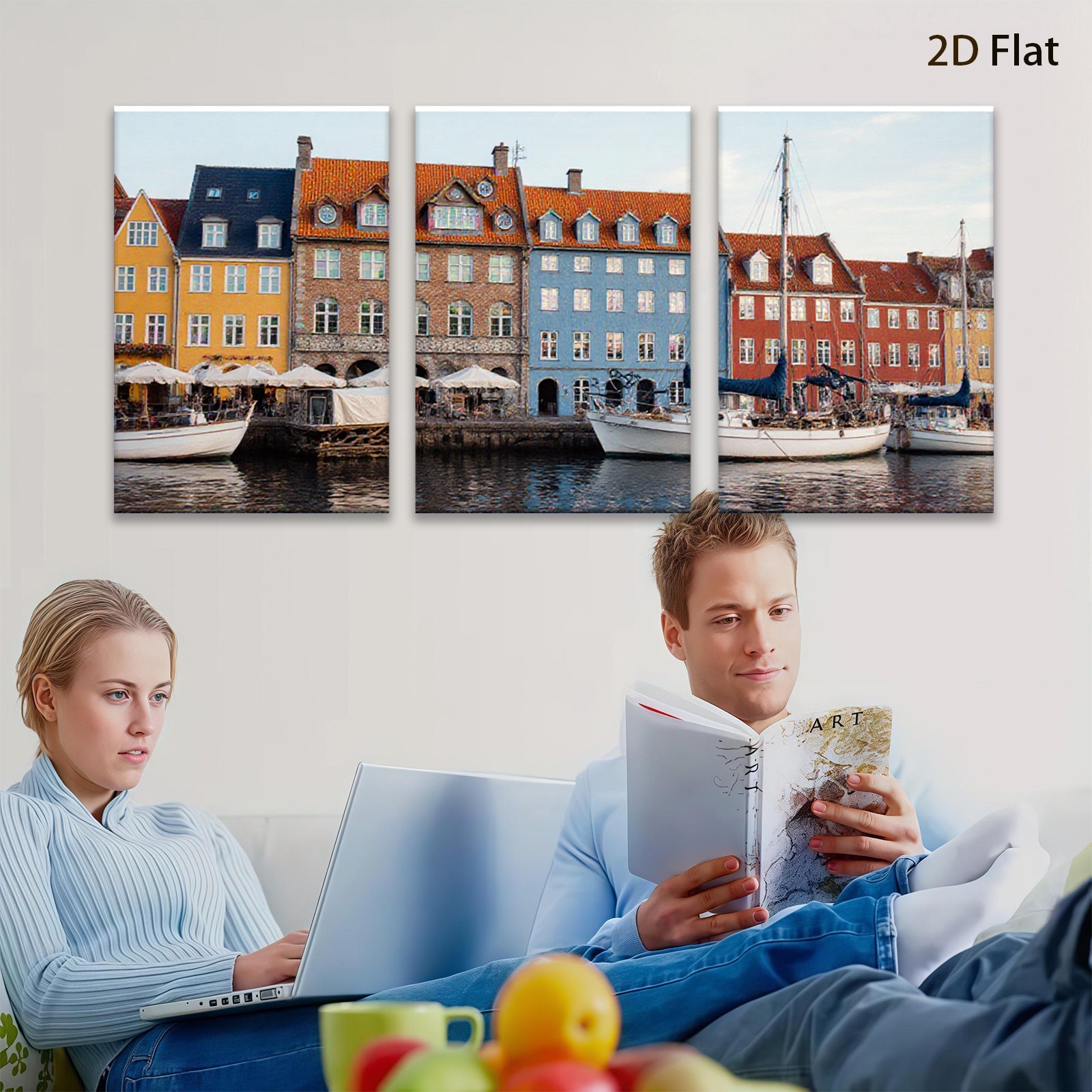 2D flat 1pc Copenhagen Harbor Waterfront Scene Coastal Cityscape Wall Decor Living Room Bedroom Office Modern Farmhouse Rustic Chic Gallery Wrapped Canvas Print