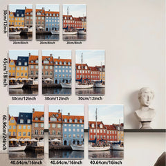 2D flat 1pc Copenhagen Harbor Waterfront Scene Coastal Cityscape Wall Decor Living Room Bedroom Office Modern Farmhouse Rustic Chic Gallery Wrapped Canvas Print