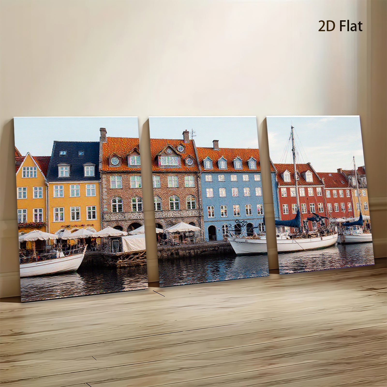 2D flat 1pc Copenhagen Harbor Waterfront Scene Coastal Cityscape Wall Decor Living Room Bedroom Office Modern Farmhouse Rustic Chic Gallery Wrapped Canvas Print