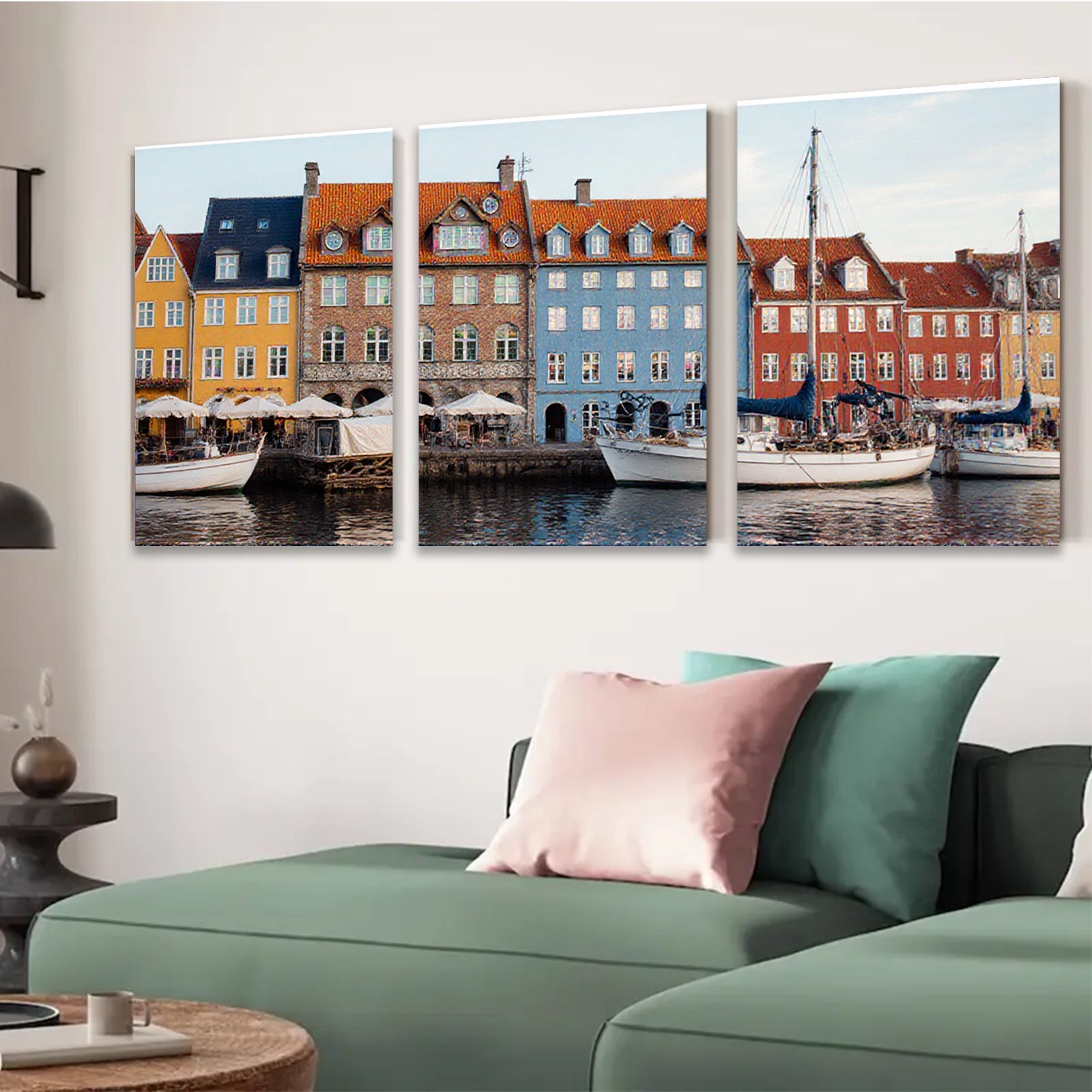 2D flat 1pc Copenhagen Harbor Waterfront Scene Coastal Cityscape Wall Decor Living Room Bedroom Office Modern Farmhouse Rustic Chic Gallery Wrapped Canvas Print