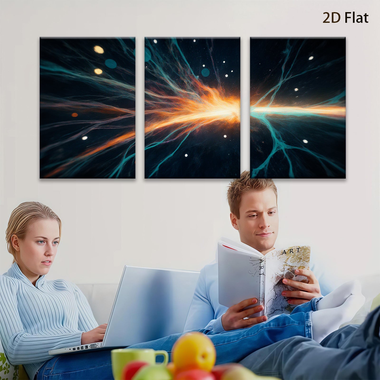 2D flat 1pc Cosmic Burst Energy Flow Abstract Wall Art Living Room Bedroom Decor Modern Canvas Prints Gallery Wrapped Teal Orange Gold