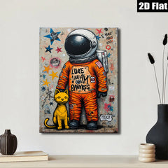 2D flat 1pc Cosmic Cat Astronaut whimsical wall art for kids room playroom nursery decor modern farmhouse style statement piece gallery wrapped canvas print