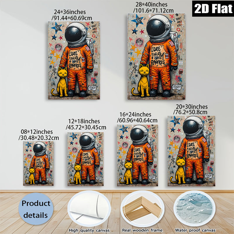 2D flat 1pc Cosmic Cat Astronaut whimsical wall art for kids room playroom nursery decor modern farmhouse style statement piece gallery wrapped canvas print