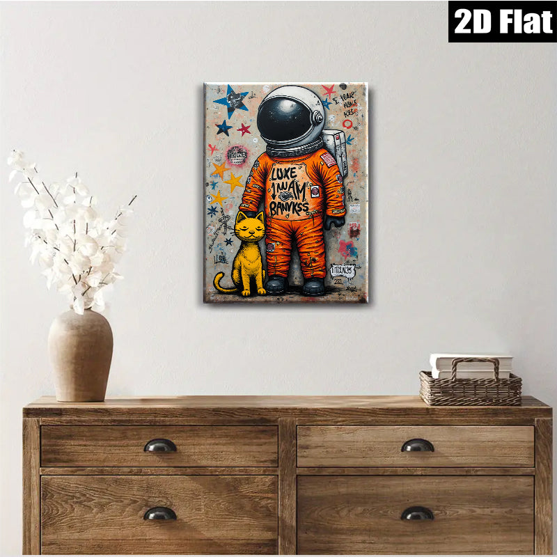 2D flat 1pc Cosmic Cat Astronaut whimsical wall art for kids room playroom nursery decor modern farmhouse style statement piece gallery wrapped canvas print