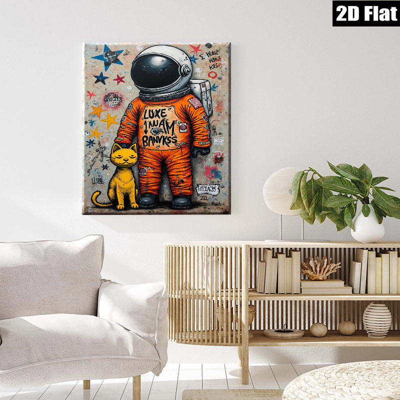 2D flat 1pc Cosmic Cat Astronaut whimsical wall art for kids room playroom nursery decor modern farmhouse style statement piece gallery wrapped canvas print