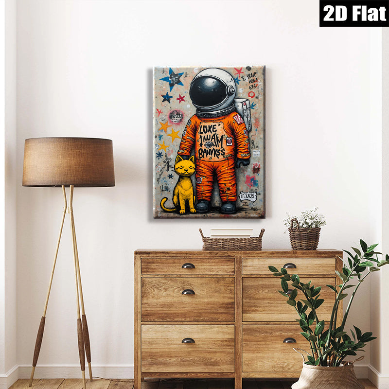 2D flat 1pc Cosmic Cat Astronaut whimsical wall art for kids room playroom nursery decor modern farmhouse style statement piece gallery wrapped canvas print