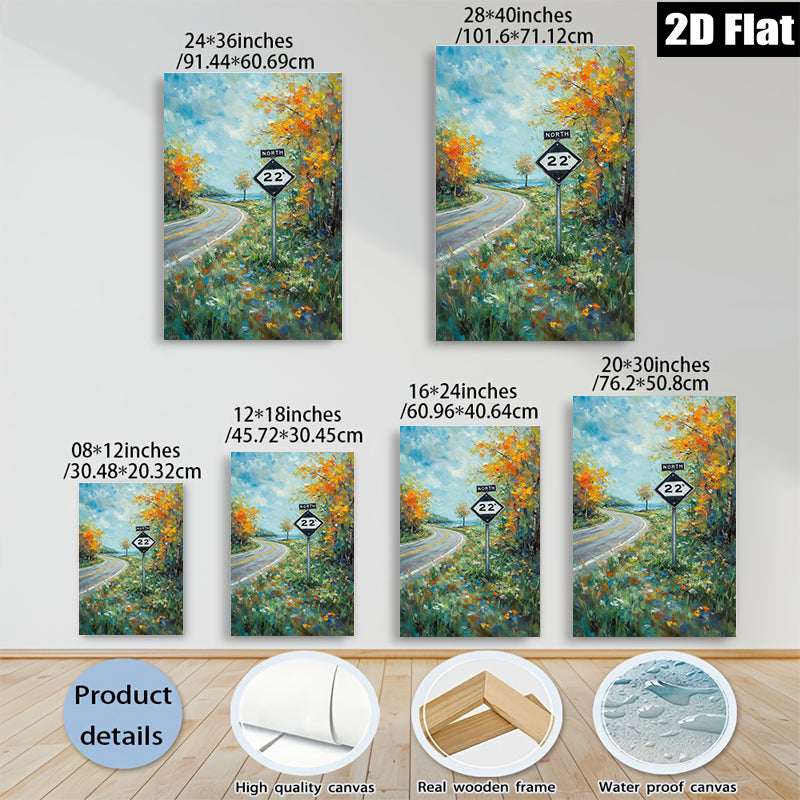 2D flat 1pc Country Road Sign Blooming Wildflowers Scenic Landscape Wall Art for Living Room Bedroom Home Decor Farmhouse Style Canvas Prints Ready to Hang