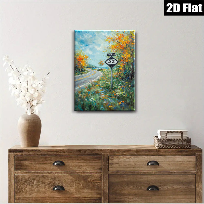 2D flat 1pc Country Road Sign Blooming Wildflowers Scenic Landscape Wall Art for Living Room Bedroom Home Decor Farmhouse Style Canvas Prints Ready to Hang