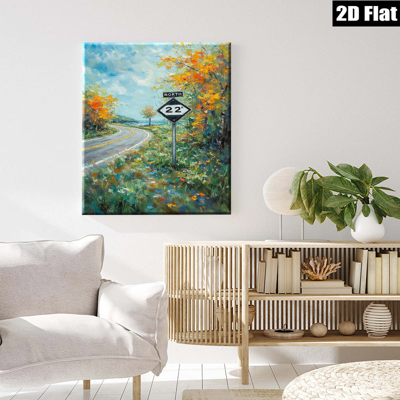 2D flat 1pc Country Road Sign Blooming Wildflowers Scenic Landscape Wall Art for Living Room Bedroom Home Decor Farmhouse Style Canvas Prints Ready to Hang