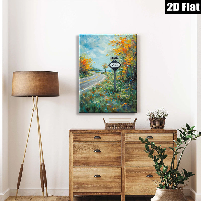 2D flat 1pc Country Road Sign Blooming Wildflowers Scenic Landscape Wall Art for Living Room Bedroom Home Decor Farmhouse Style Canvas Prints Ready to Hang