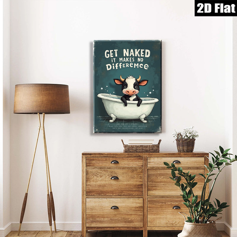 2D flat 1pc Cow Bathtub Humor Farm Animal Wall Art Canvas Print Bathroom Decor Modern Minimalist Artwork Living Room Bedroom Office Home Decor Gallery Wrapped Ready to Hang