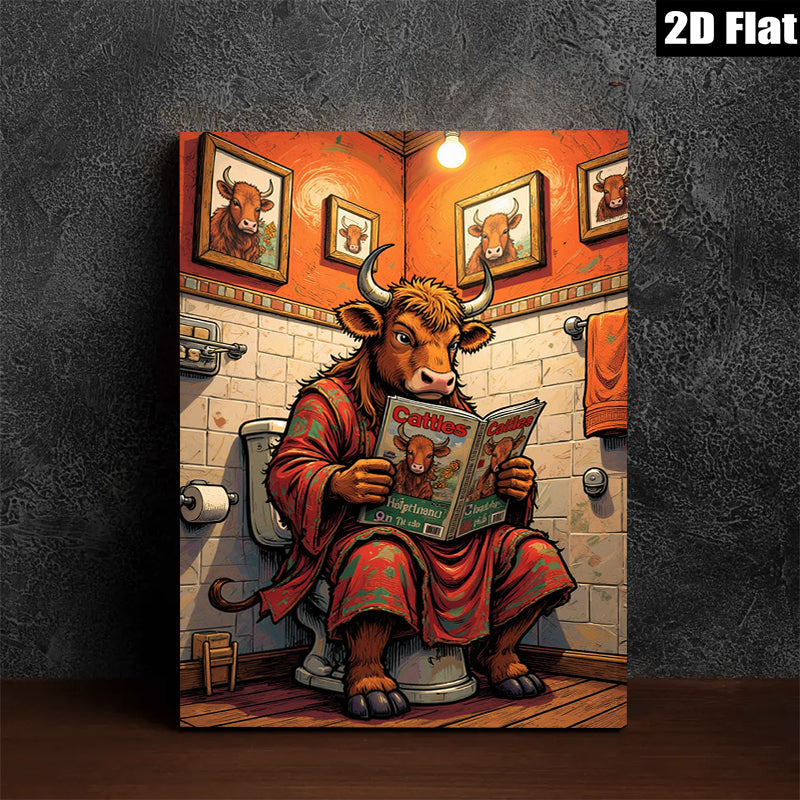 2D flat 1pc Cow Reading Newspaper Bathroom Wall Art Farm Animal Decor Rustic Canvas Prints for Living Room Bedroom Office Home Decor Funny Gift
