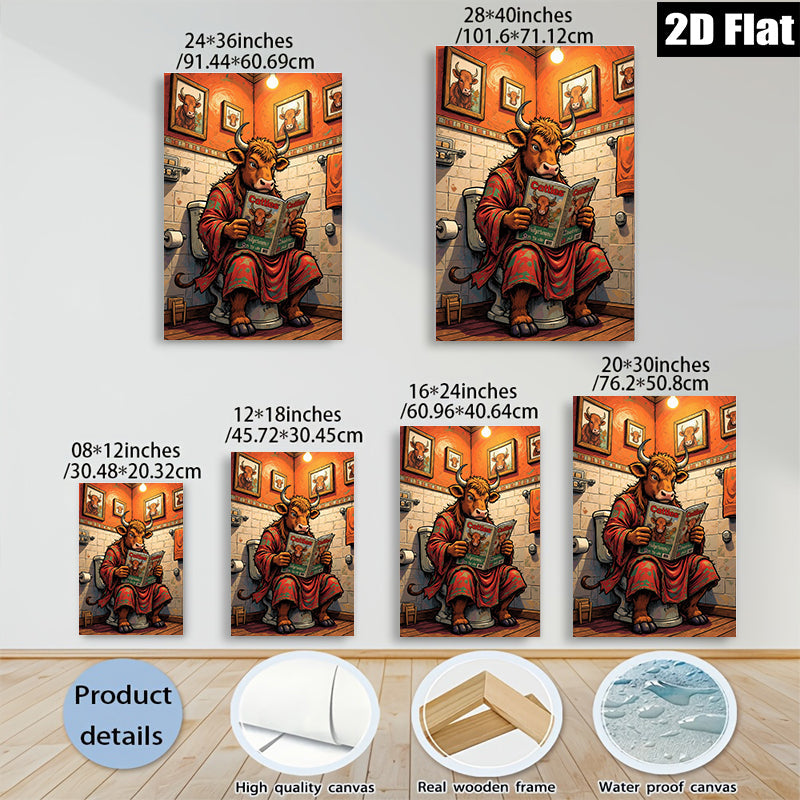2D flat 1pc Cow Reading Newspaper Bathroom Wall Art Farm Animal Decor Rustic Canvas Prints for Living Room Bedroom Office Home Decor Funny Gift