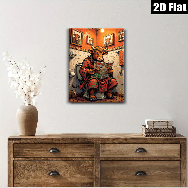 2D flat 1pc Cow Reading Newspaper Bathroom Wall Art Farm Animal Decor Rustic Canvas Prints for Living Room Bedroom Office Home Decor Funny Gift