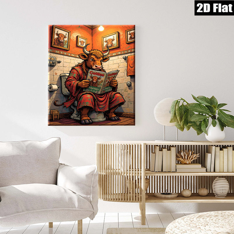 2D flat 1pc Cow Reading Newspaper Bathroom Wall Art Farm Animal Decor Rustic Canvas Prints for Living Room Bedroom Office Home Decor Funny Gift