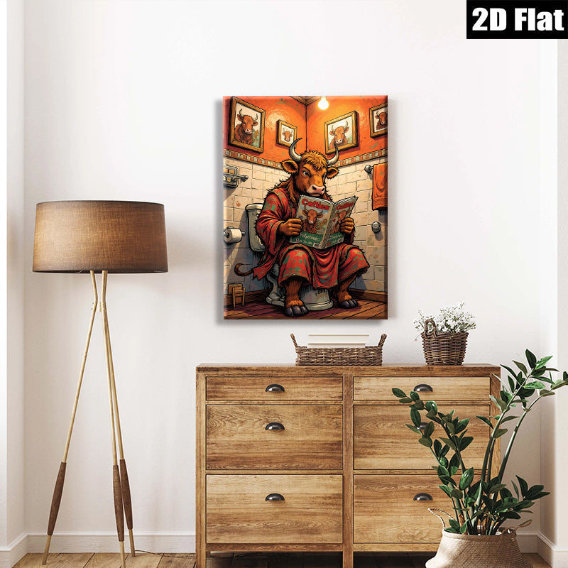 2D flat 1pc Cow Reading Newspaper Bathroom Wall Art Farm Animal Decor Rustic Canvas Prints for Living Room Bedroom Office Home Decor Funny Gift
