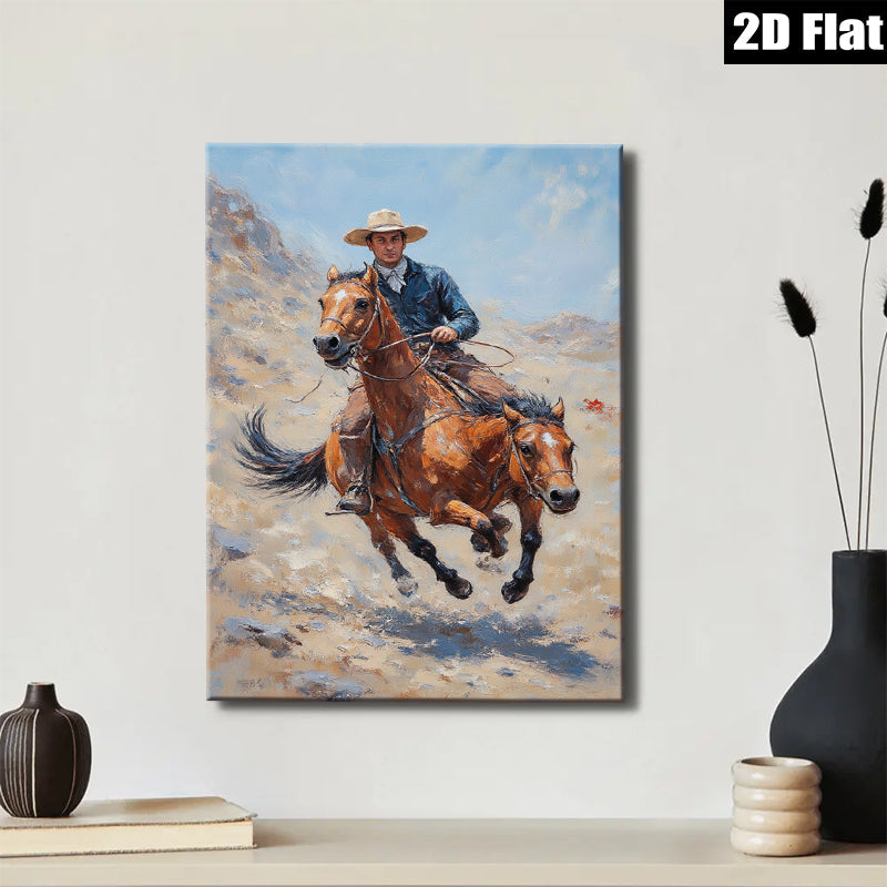 2D flat 1pc Cowboy Riding Horse Western Landscape Art Wall Decor for Living Room Bedroom Home Office Gallery Wrapped Canvas Prints Modern Farmhouse Style