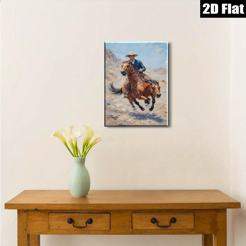 2D flat 1pc Cowboy Riding Horse Western Landscape Art Wall Decor for Living Room Bedroom Home Office Gallery Wrapped Canvas Prints Modern Farmhouse Style