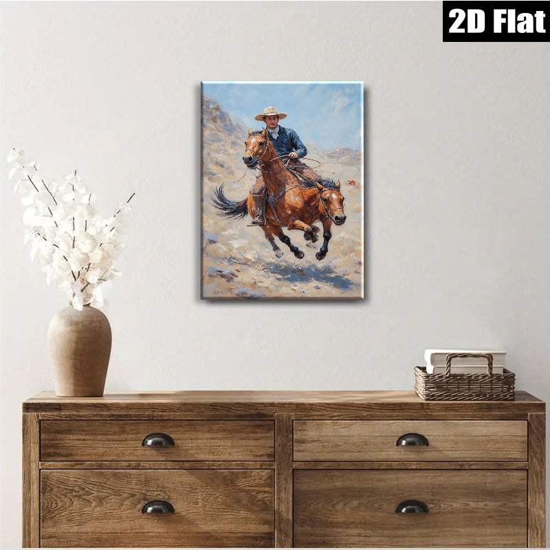 2D flat 1pc Cowboy Riding Horse Western Landscape Art Wall Decor for Living Room Bedroom Home Office Gallery Wrapped Canvas Prints Modern Farmhouse Style