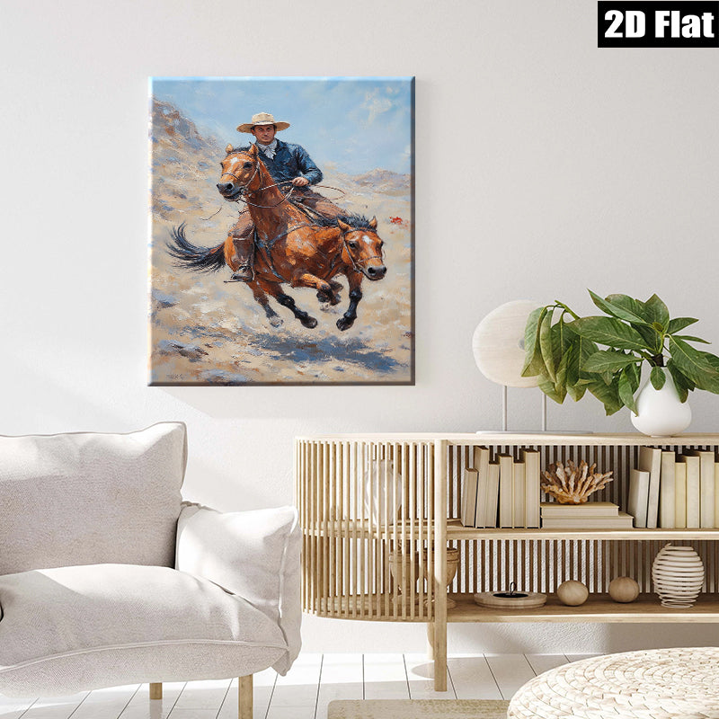 2D flat 1pc Cowboy Riding Horse Western Landscape Art Wall Decor for Living Room Bedroom Home Office Gallery Wrapped Canvas Prints Modern Farmhouse Style