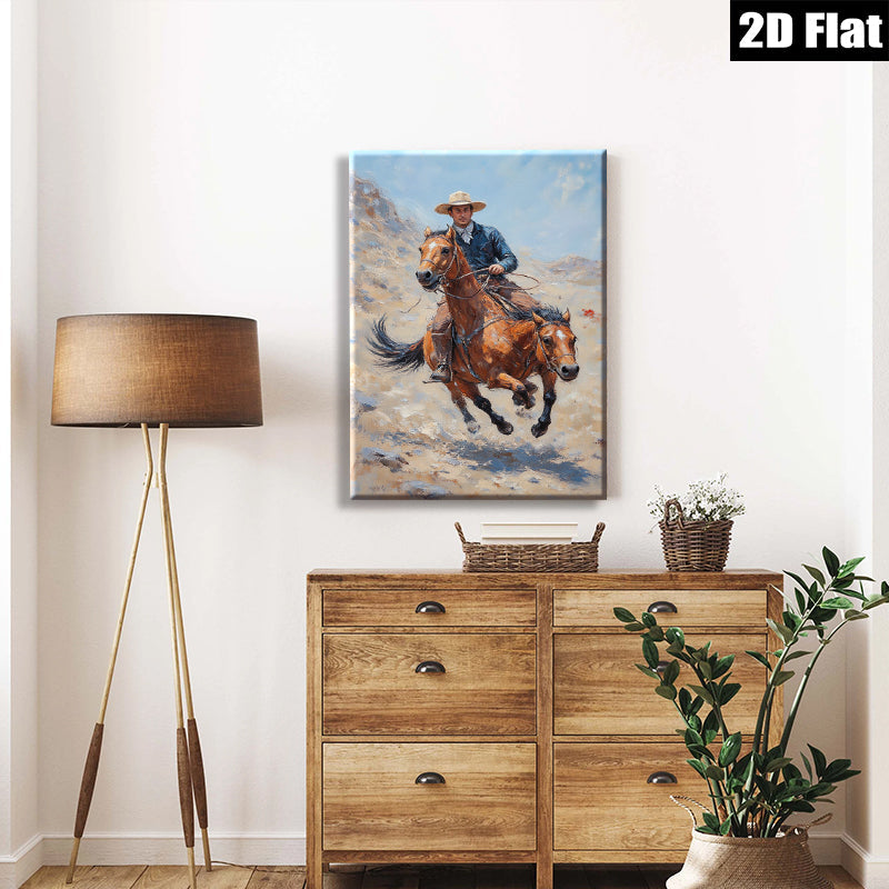 2D flat 1pc Cowboy Riding Horse Western Landscape Art Wall Decor for Living Room Bedroom Home Office Gallery Wrapped Canvas Prints Modern Farmhouse Style