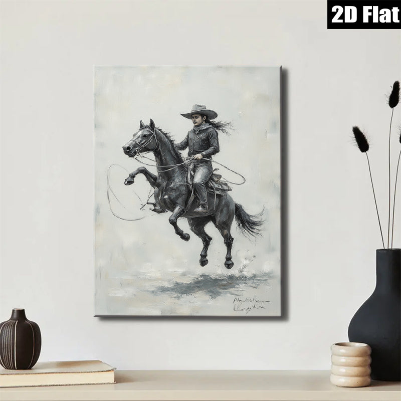 2D flat 1pc Cowboy Riding Powerful Black Horse Western Art Print Canvas Wall Decor Living Room Bedroom Gallery Wrapped Ready To Hang Farmhouse Style