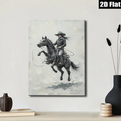 2D flat 1pc Cowboy Riding Powerful Black Horse Western Art Print Canvas Wall Decor Living Room Bedroom Gallery Wrapped Ready To Hang Farmhouse Style