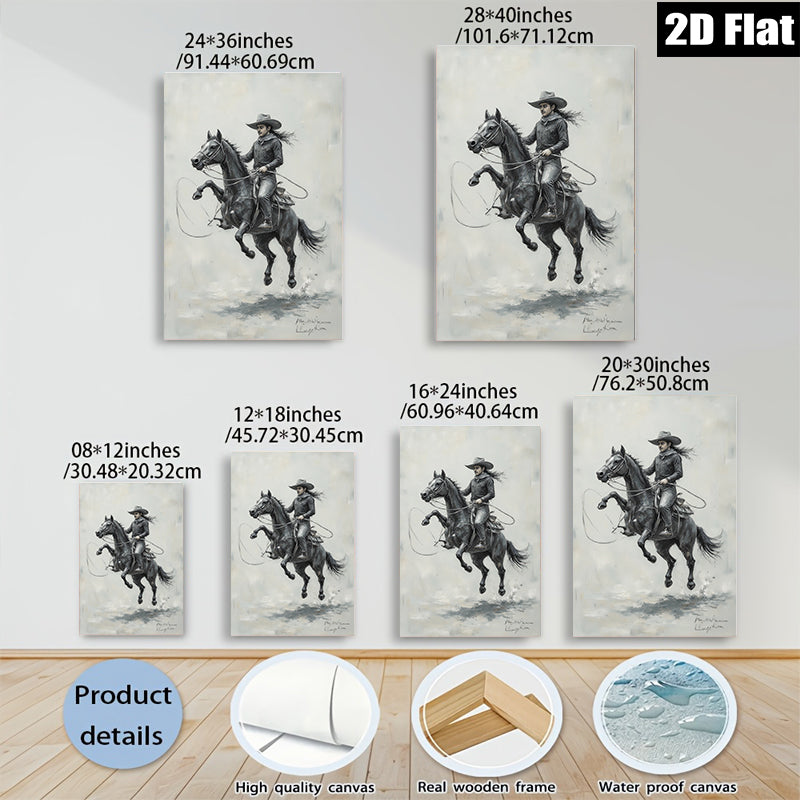 2D flat 1pc Cowboy Riding Powerful Black Horse Western Art Print Canvas Wall Decor Living Room Bedroom Gallery Wrapped Ready To Hang Farmhouse Style