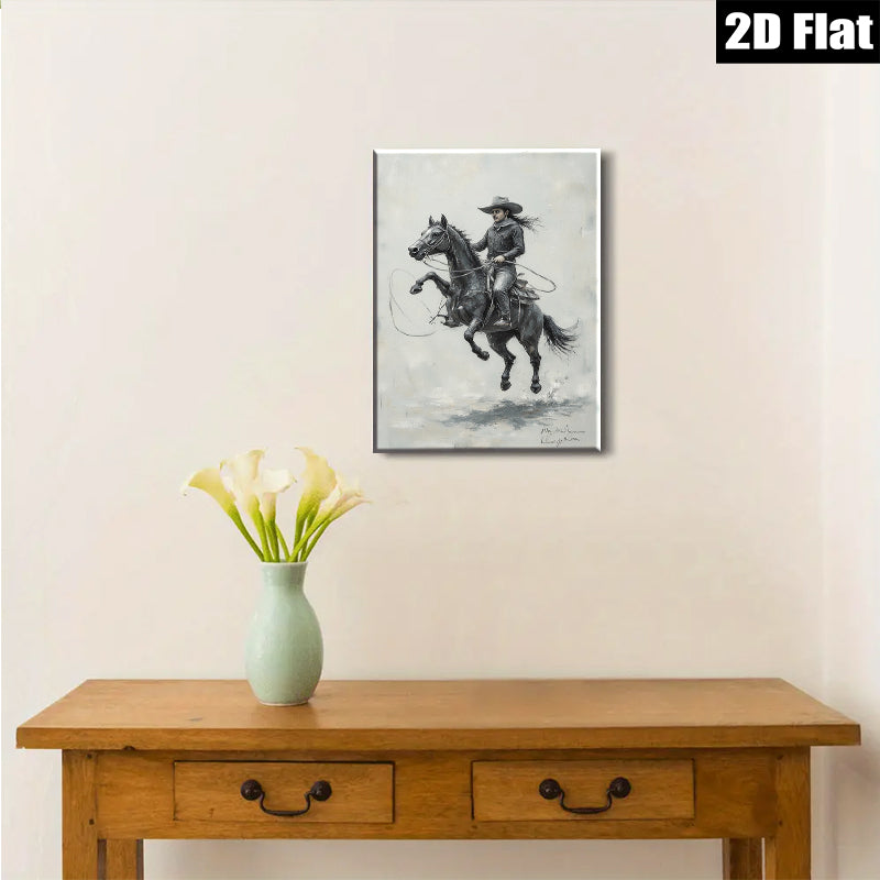 2D flat 1pc Cowboy Riding Powerful Black Horse Western Art Print Canvas Wall Decor Living Room Bedroom Gallery Wrapped Ready To Hang Farmhouse Style