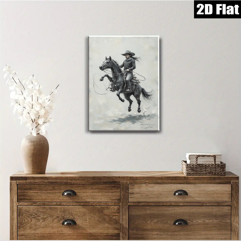 2D flat 1pc Cowboy Riding Powerful Black Horse Western Art Print Canvas Wall Decor Living Room Bedroom Gallery Wrapped Ready To Hang Farmhouse Style