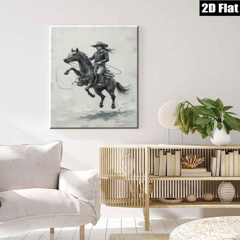 2D flat 1pc Cowboy Riding Powerful Black Horse Western Art Print Canvas Wall Decor Living Room Bedroom Gallery Wrapped Ready To Hang Farmhouse Style