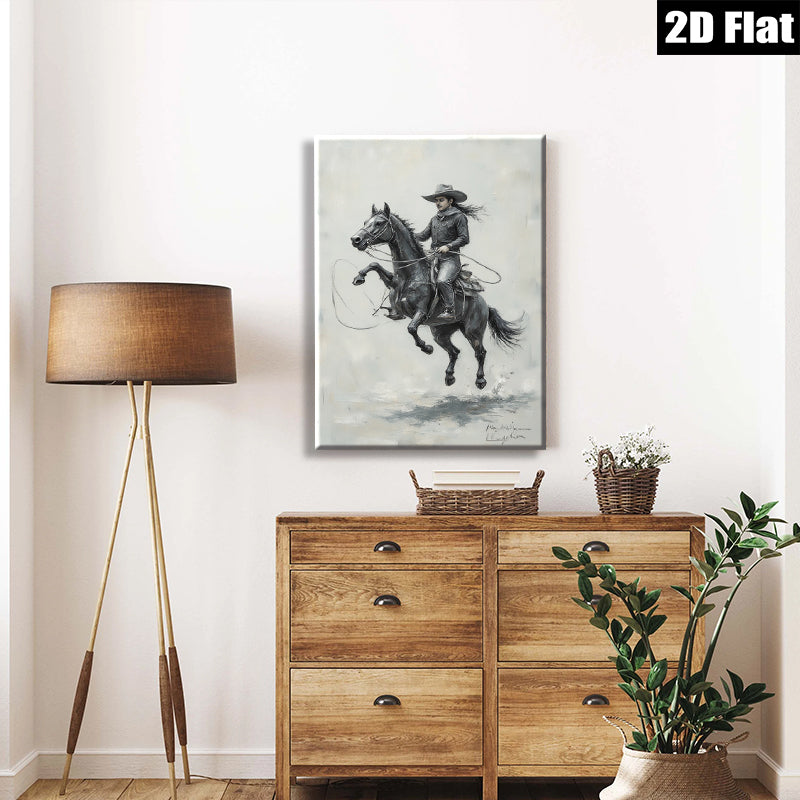 2D flat 1pc Cowboy Riding Powerful Black Horse Western Art Print Canvas Wall Decor Living Room Bedroom Gallery Wrapped Ready To Hang Farmhouse Style