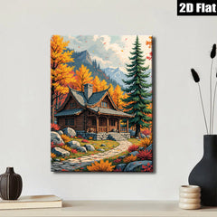 2D flat 1pc Cozy Autumn Cabin Landscape Wall Art for Living Room Bedroom Home Decor Farmhouse Style Rustic Canvas Prints Modern Gallery Wrapped Artwork