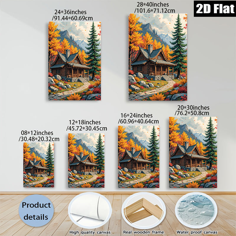 2D flat 1pc Cozy Autumn Cabin Landscape Wall Art for Living Room Bedroom Home Decor Farmhouse Style Rustic Canvas Prints Modern Gallery Wrapped Artwork