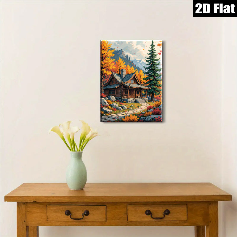 2D flat 1pc Cozy Autumn Cabin Landscape Wall Art for Living Room Bedroom Home Decor Farmhouse Style Rustic Canvas Prints Modern Gallery Wrapped Artwork